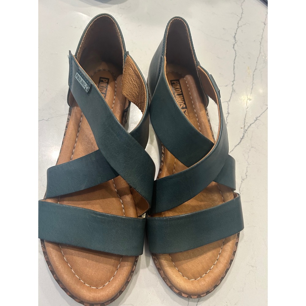 Pikolinos Sandals Teal Green Leather Crisscross Flat Strappy Comfort Shoes 38